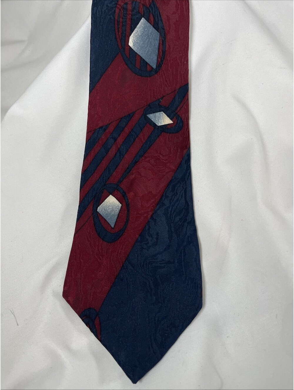 Jacques Estier 100% Italian Silk Tie Maroon Blue Geometric 57”